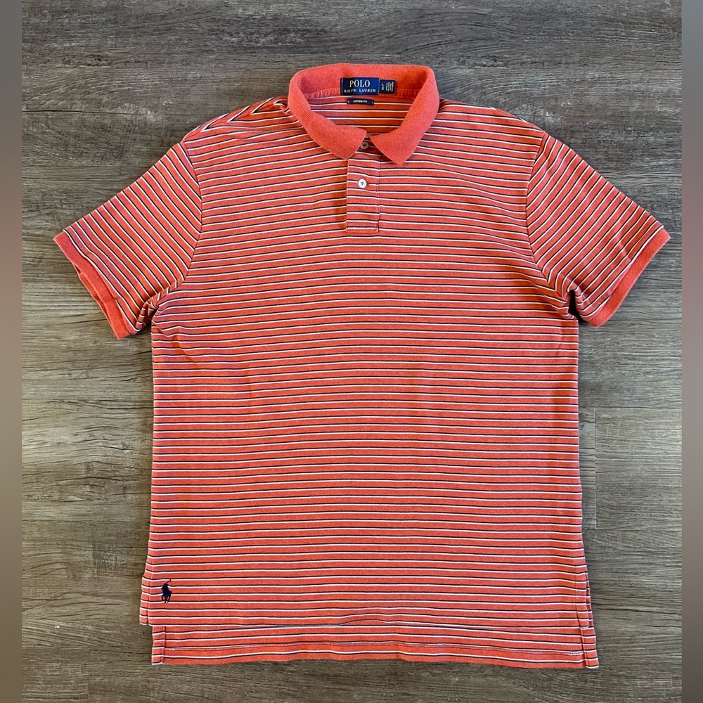 Polo Ralph Lauren Shirt Mens Large Orange Stripe Custom Fit Preppy Casual PoloB7